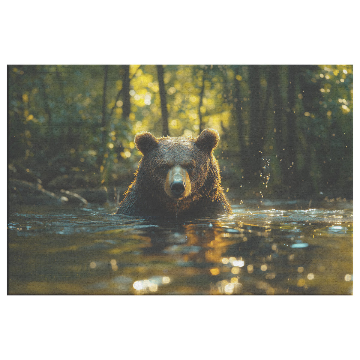 Majestic Brown Bear Swimming in a Forest River with Lush Greenery  Nature's Power Christian Canvas Wall Art Decor - Awakening Righteousness