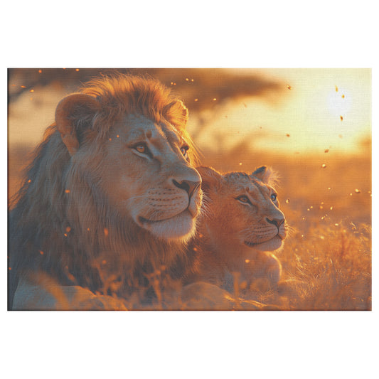 Majestic Lion and Cub in Savannah at Sunset with Fireflies  Wildlife Animal Art for Home Living Room or Office  Canvas Wall Art Decor - Awakening Righteousness