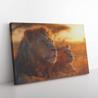 Majestic Lion and Cub in Savannah at Sunset with Fireflies  Wildlife Animal Art for Home Living Room or Office  Canvas Wall Art Decor - Awakening Righteousness