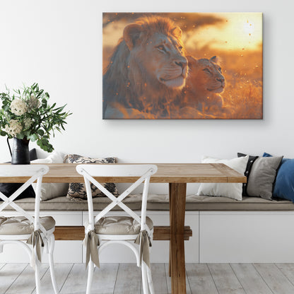 Majestic Lion and Cub in Savannah at Sunset with Fireflies  Wildlife Animal Art for Home Living Room or Office  Canvas Wall Art Decor - Awakening Righteousness