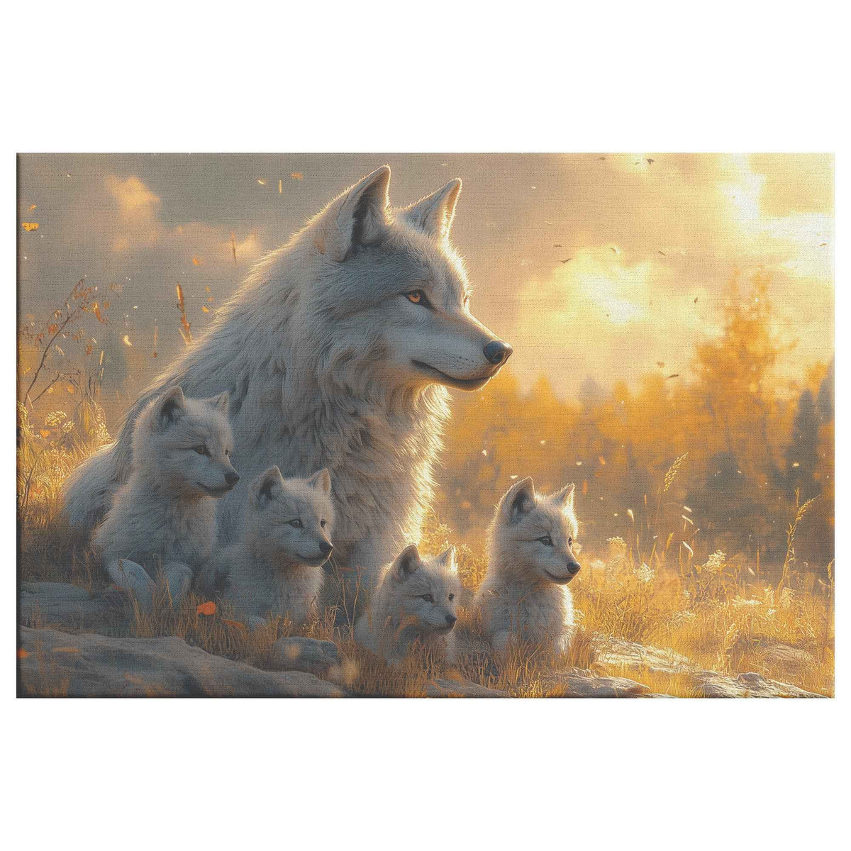 Majestic White Wolf with Cubs at Sunset A Peaceful Landscape with Golden Light and Tranquility   Christian Canvas Wall Art Decor