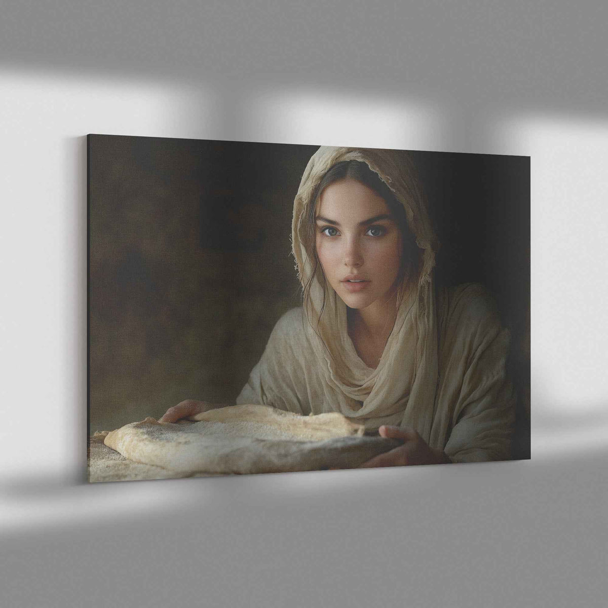 Nourishing Faith Woman Holding Bread in Ancient Kitchen   Enriching Christian Canvas Wall Art Decor