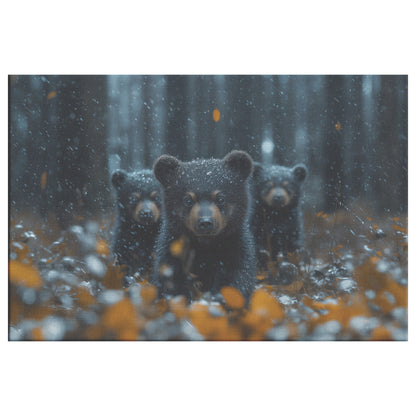 Playful Black Bear Cubs in Autumn Forest with First Snowfall   Christian Canvas Wall Art Decor - Awakening Righteousness