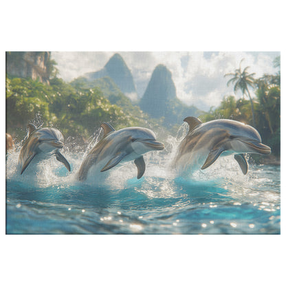 Playful Dolphins Leaping in a Sunlit Lagoon Surrounded Lush Greenery and Mountain Views Natures Joy Christian Canvas Wall Art Decor - Awakening Righteousness