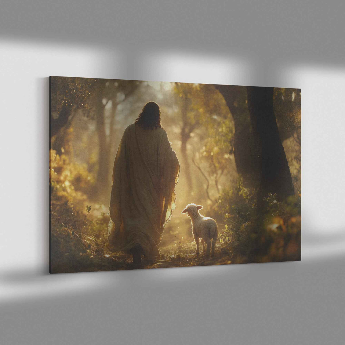 Radiant Hope Jesus Guiding the Lamb to Light in the Enchanted Forest   Christian Canvas Wall Art Decor