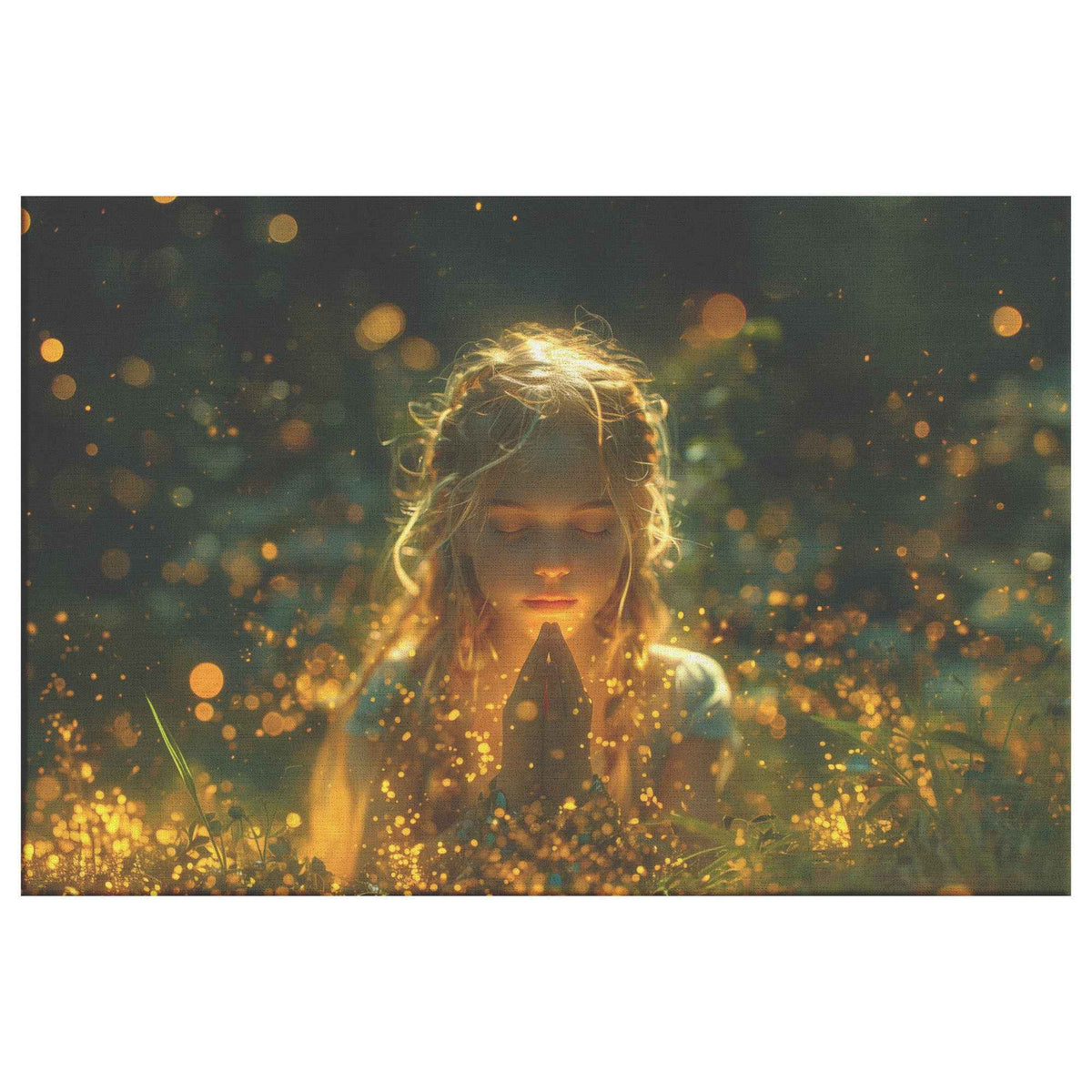 Radiant Serenity Girl Praying Amongst Fireflies  Enchanting Christian Canvas Wall Art Decor