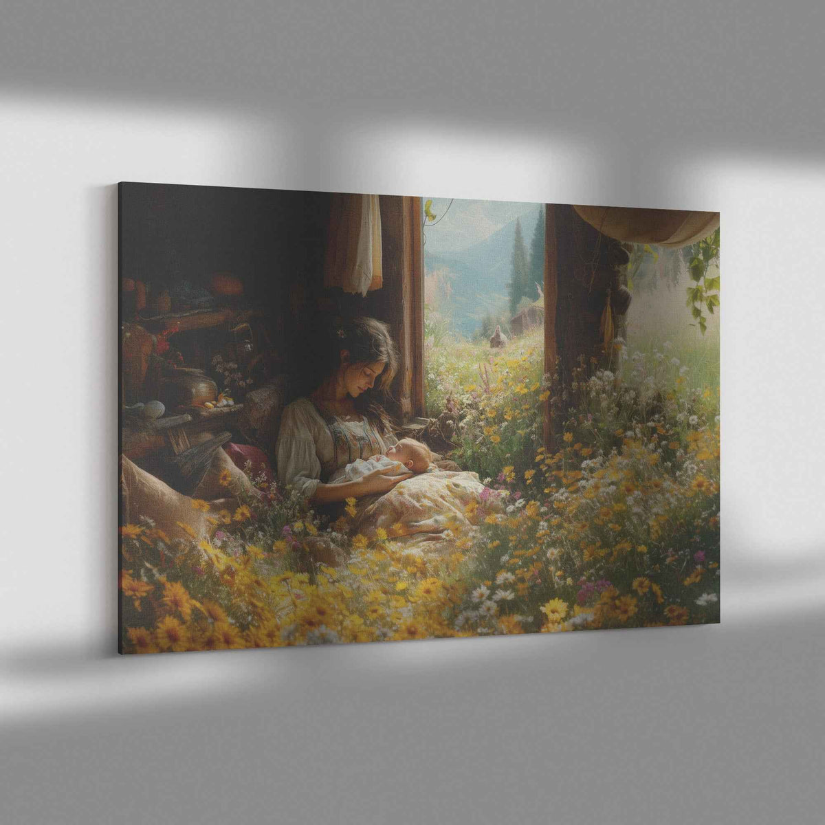 Serene Love Mother and Baby in Cozy Cabin Surrounded Nature Heartwarming Christian Canvas Wall Art Decor