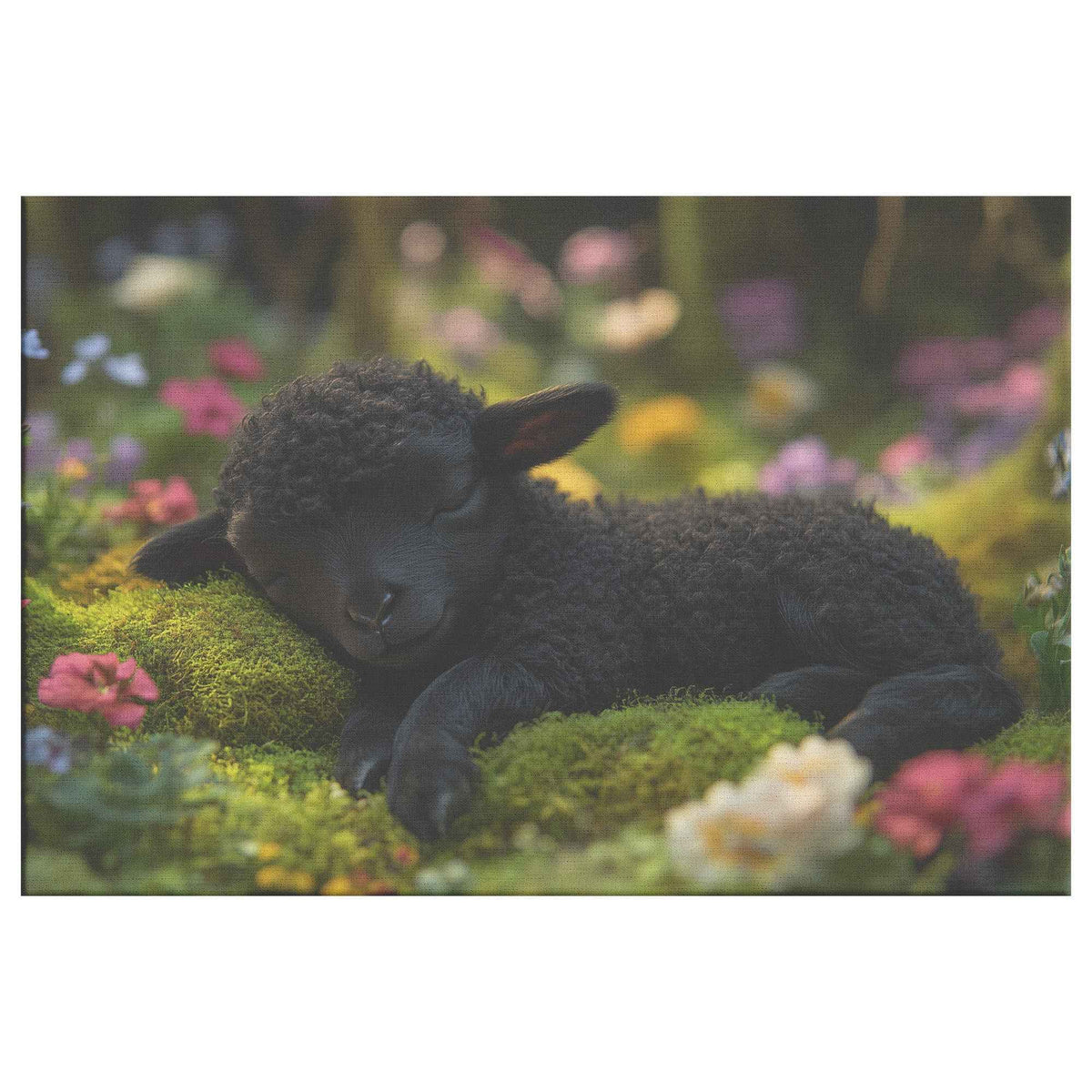 Serenity in Nature Black Lamb Resting in an Enchanted Garden   Christian Canvas Wall Art Decor