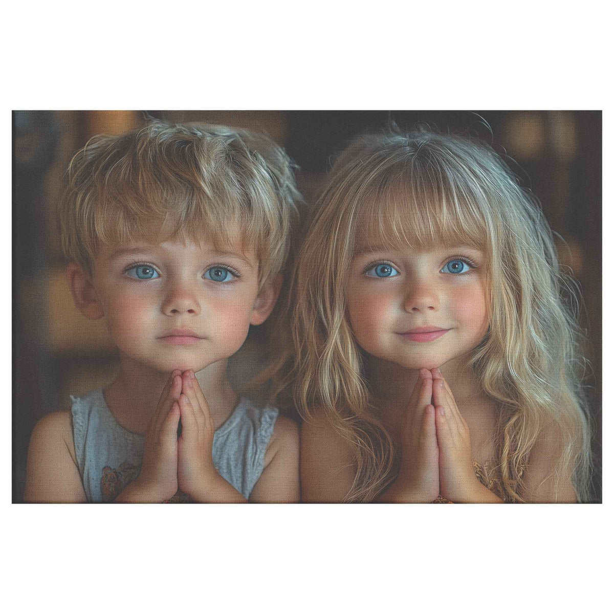 Sibling Devotion Young Brother and Sister in Prayer with Soft Lighting   Heartwarming Christian Canvas Wall Art Decor