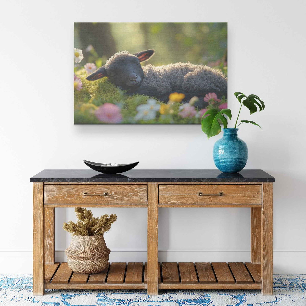 Tranquil Beauty Black Lamb Resting Among Flowers in Sunlit Meadow   Christian Canvas Wall Art Decor