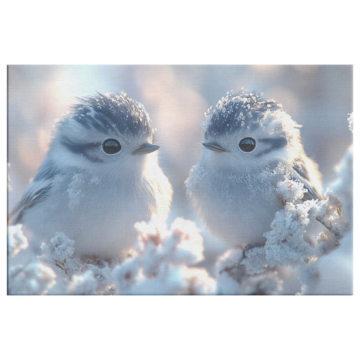 Two Cute Birds with Fluffy Grey Feathers Sitting on Snowy Ground with Frosty Flowers  Winter Wildlife Wall Art Decor - Awakening Righteousness