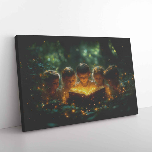 Whispers of Wonder Children Discovering the Ancient Book in a Magical Forest   Christian Canvas Wall Art Decor