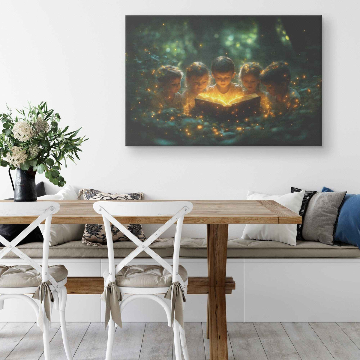 Whispers of Wonder Children Discovering the Ancient Book in a Magical Forest   Christian Canvas Wall Art Decor