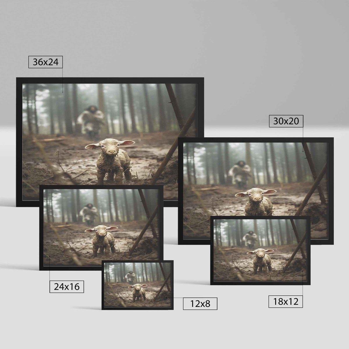 Jesus Runs Towards A Lost Lamb In The Forest Wall Art Print With Frame