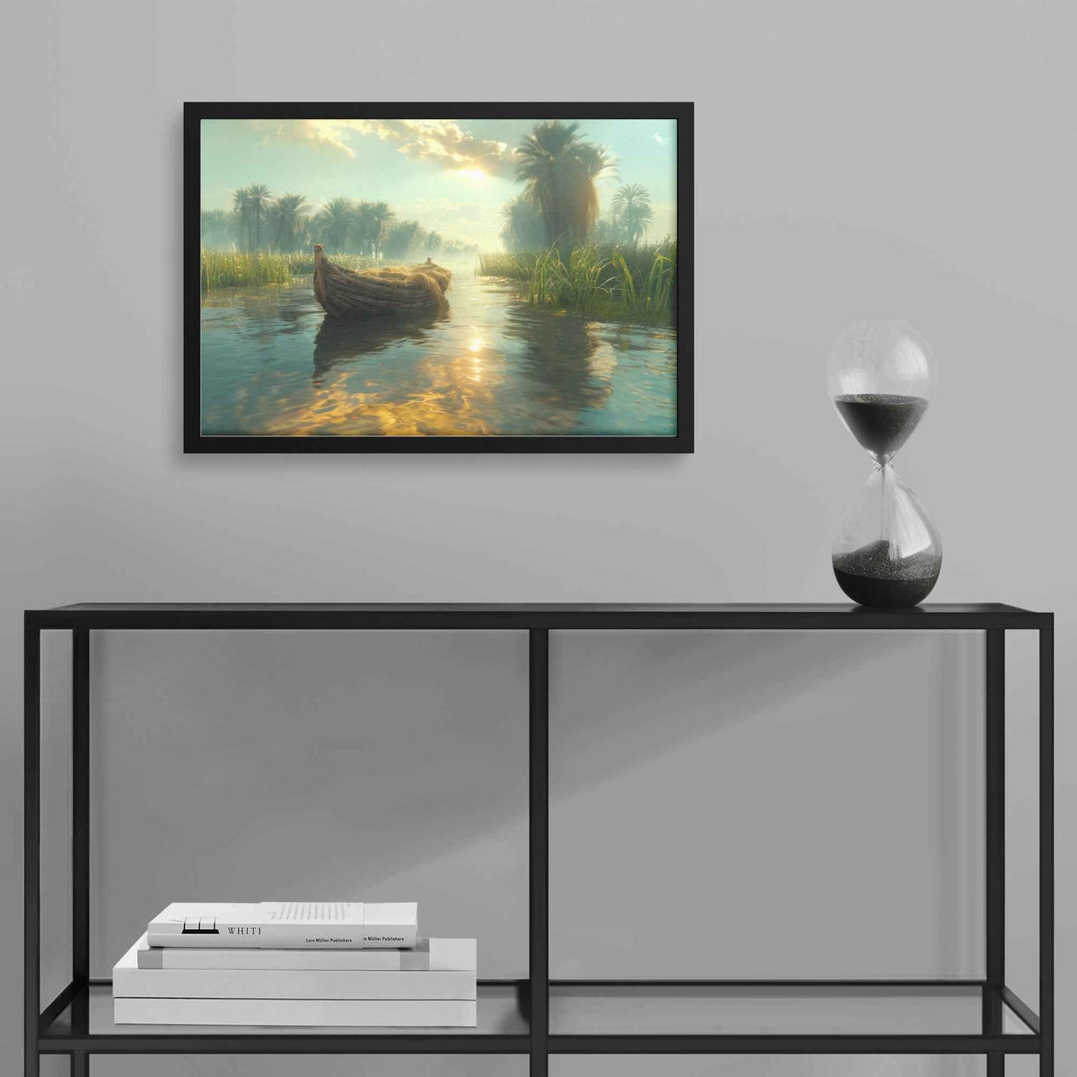 Tranquil River Scene with a Small Boat Gliding Through Lush Greenery and Palm Trees, Reflecting Calm Waters Under Bright Sunlight   Serene Natural Scenery Framed Art Print Decor