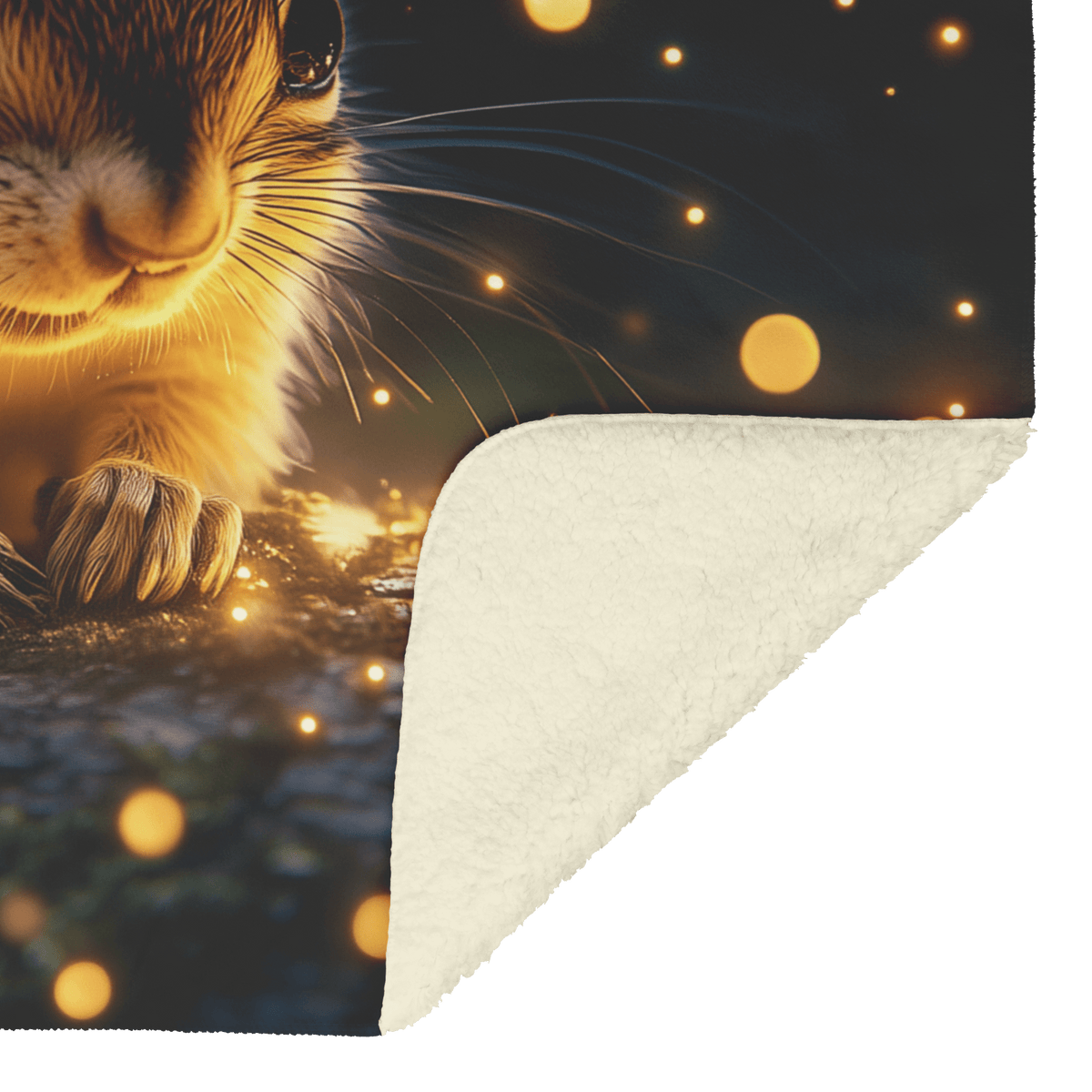 Baby Chipmunk Resting on Glowing Log Surrounded by Shimmering Moss and Bioluminescent Fireflies Fleece Sherpa Blanket - Awakening Righteousness