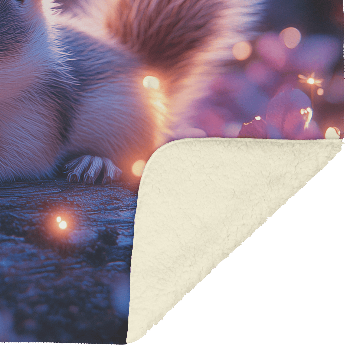 Baby Chipmunk Resting on Glowing Log Surrounded by Shimmering Moss and Bioluminescent Fireflies Fleece Sherpa Blanket - Awakening Righteousness