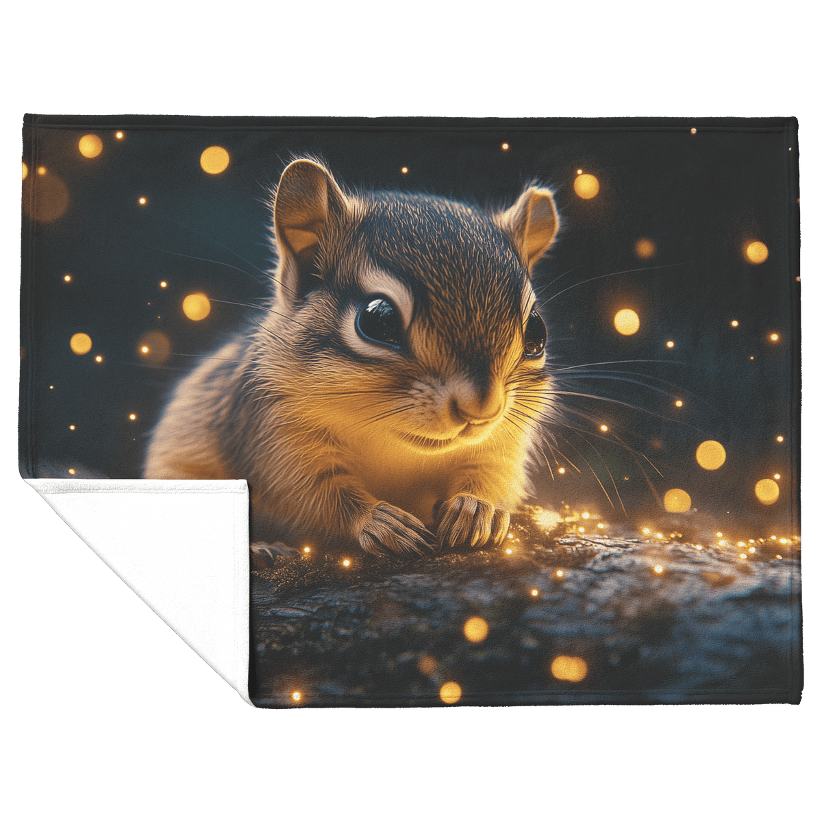 Baby Chipmunk Resting on Glowing Log Surrounded by Shimmering Moss and Bioluminescent Fireflies Fleece Sherpa Blanket - Awakening Righteousness