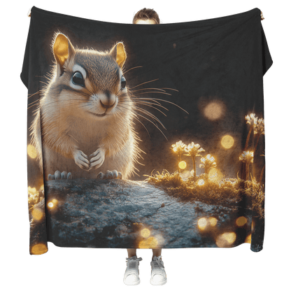 Baby Chipmunk Resting on Glowing Log Surrounded by Shimmering Moss and Bioluminescent Fireflies Fleece Sherpa Blanket - Awakening Righteousness