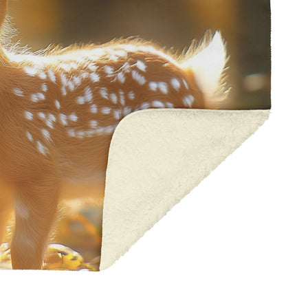 Baby Deer in Golden Autumn Forest with Sunlight and Delicate Spots Cozy Fleece Sherpa Blanket - Awakening Righteousness