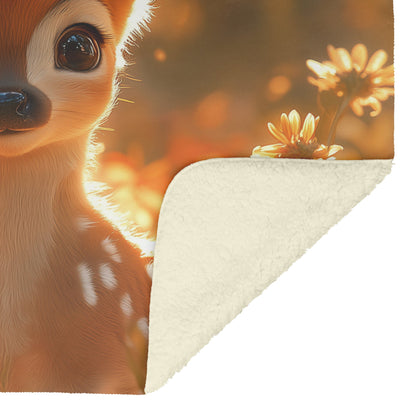 Baby Deer in Golden Light Forest Fleece Sherpa Blanket Cozy Soft Blanket - Awakening Righteousness