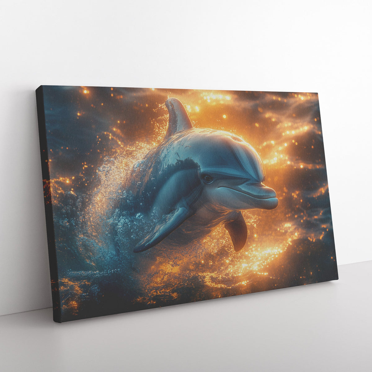 Baby Dolphin Swimming Close to Mother in Glowing Crystal Clear Ocean with Magical Light Canvas Wall Art - Awakening Righteousness