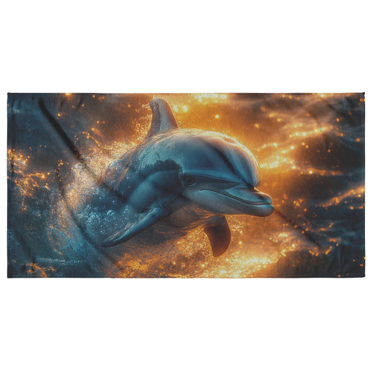 Baby Dolphin Swimming in Glowing Crystal Clear Ocean Water Filled with Magical Light Beach Towel - Awakening Righteousness