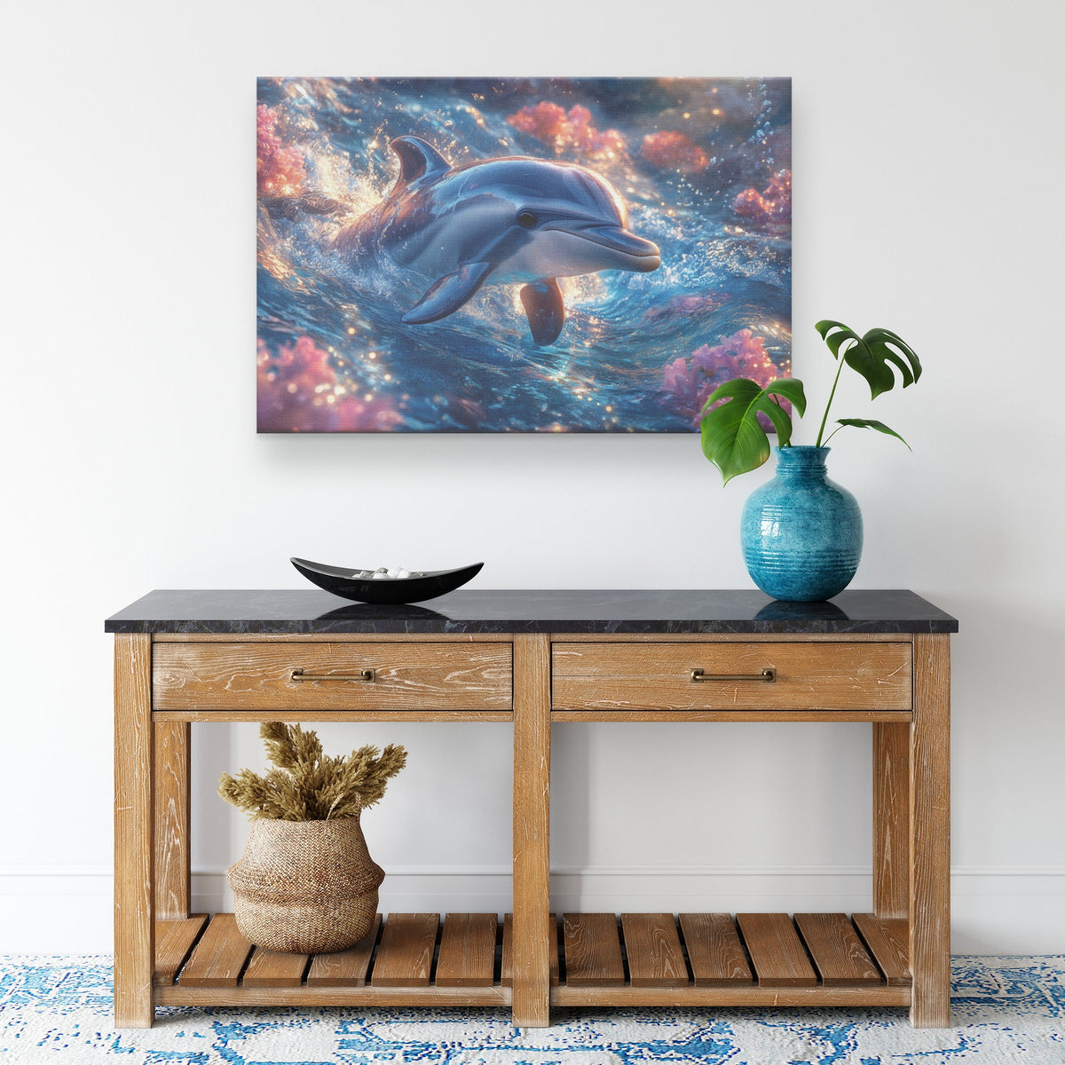 Baby Dolphin Swimming in Glowing Crystal Clear Ocean Water Filled with Pink Flowers Canvas Wall Art Decor - Awakening Righteousness