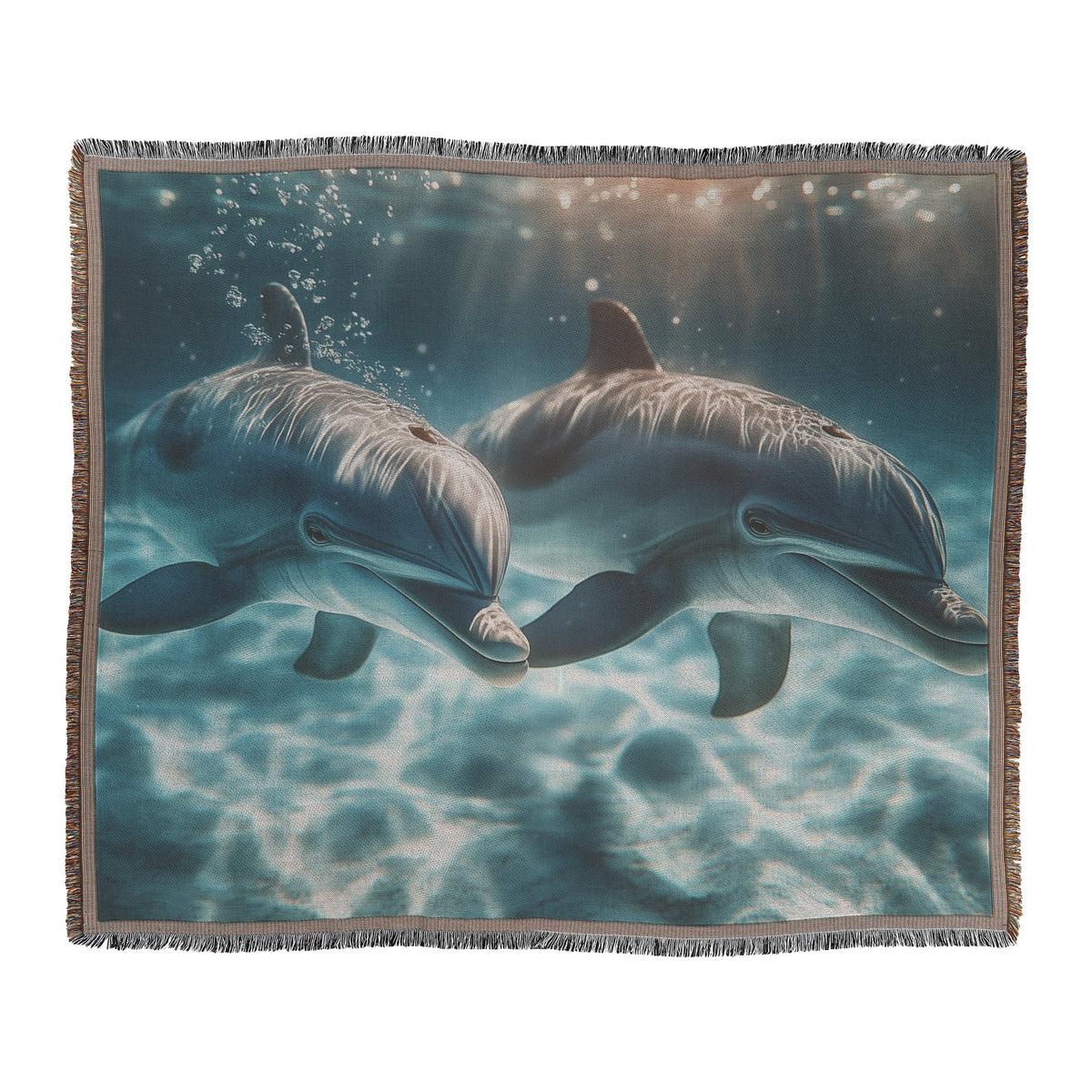 Baby Dolphin Swimming with Mother in Glowing Ocean Filled with Magical Light Woven Throw Blanket - Awakening Righteousness