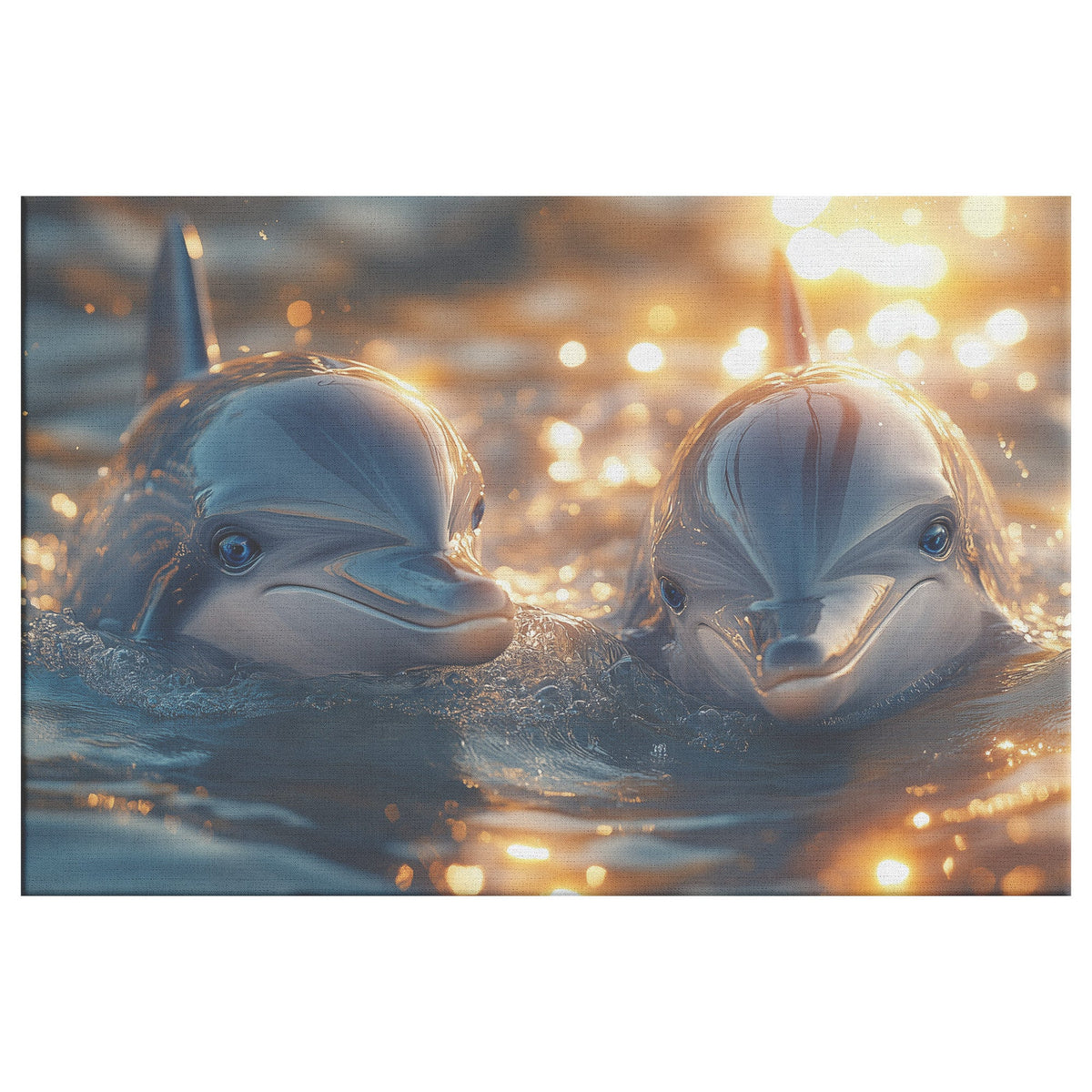Baby Dolphins Playing in Water with Golden Lights Shining on Their Heads Canvas Art - Awakening Righteousness