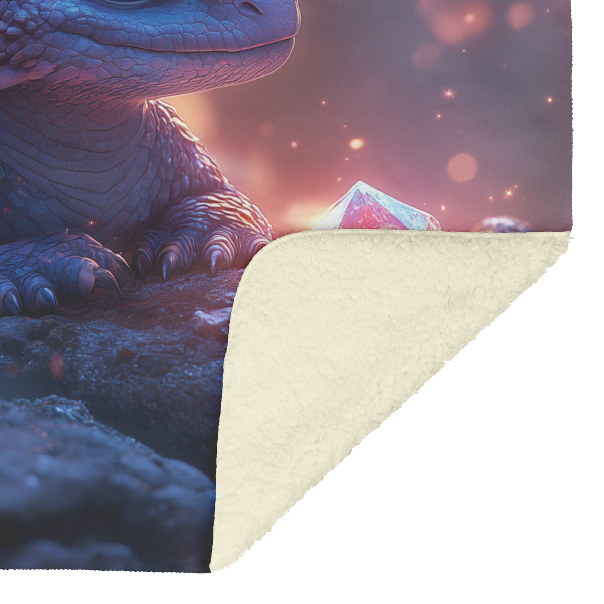 Baby Dragon Resting on Glowing Crystal with Shimmering Light and Mist in Magical Cave Fleece Sherpa Blanket - Awakening Righteousness