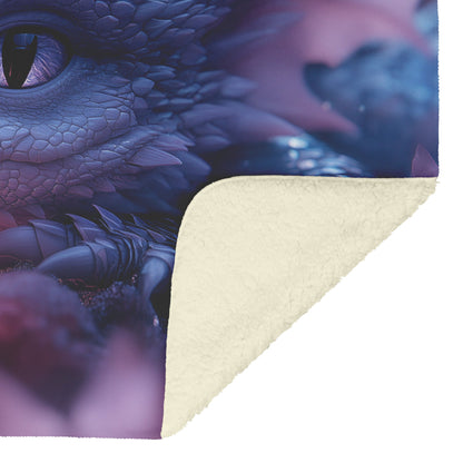 Baby Dragon Resting on Glowing Crystal with Shimmering Light and Mist in Magical Cave Fleece Sherpa Blanket - Awakening Righteousness
