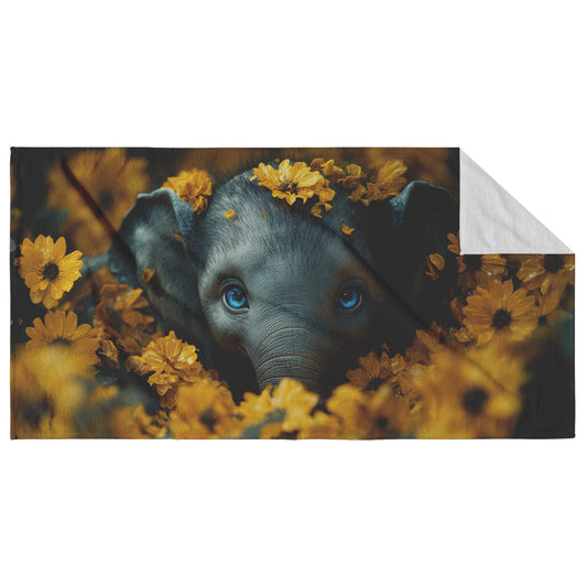 Baby Elephant Beach Towel With Bright Yellow Flowers and Captivating Blue Eyes for Nature Lovers Unique Design - Awakening Righteousness
