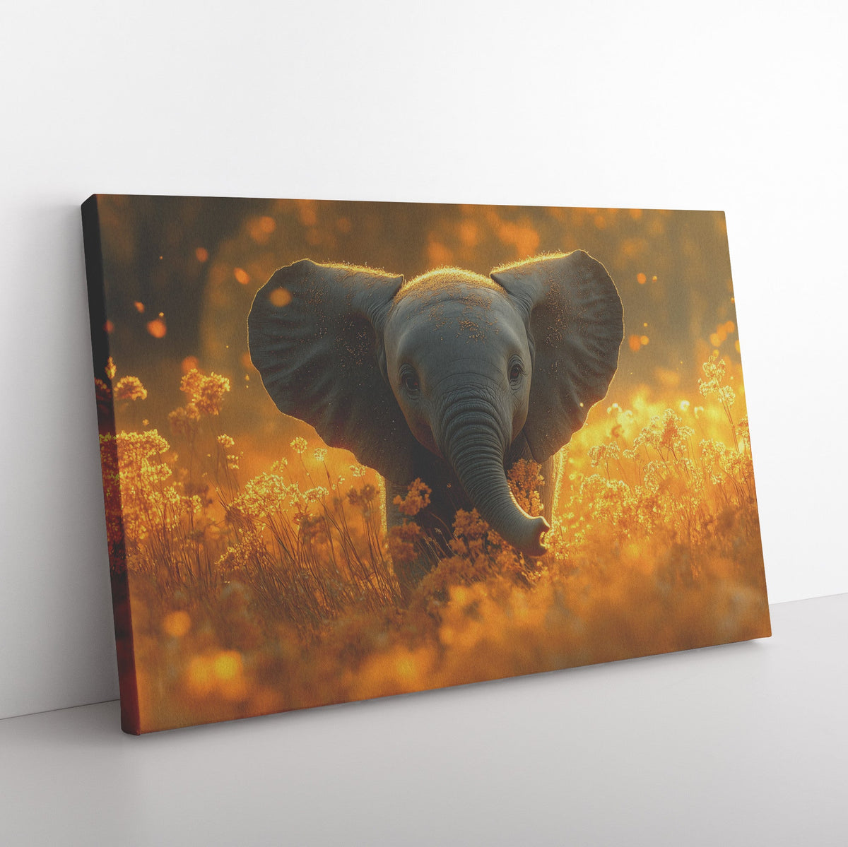 Baby Elephant Walking Through Golden Grass in Soft Sunlight Canvas Wall Art for Rustic Wildlife Decor - Awakening Righteousness