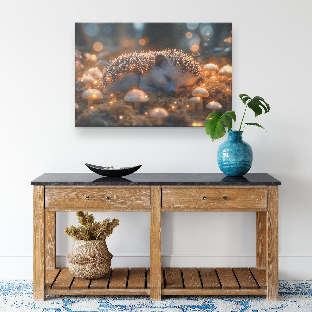 Baby Hedgehog Curled Up on Glowing Moss with Bioluminescent Mushrooms Under Twilight Sky Canvas Wall Art - Awakening Righteousness