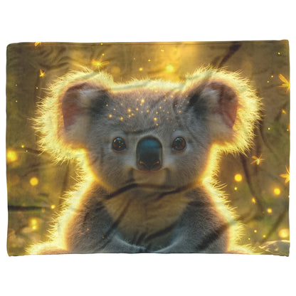 Baby Koala Sitting in a Magical Forest Surrounded by Glowing Fireflies and Soft Green Light Realistic Fleece Sherpa Blanket - Awakening Righteousness