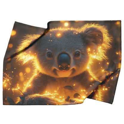 Baby Koala Sitting in Magical Forest Surrounded by Glowing Fireflies and Soft Green Light Fleece Sherpa Blanket - Awakening Righteousness