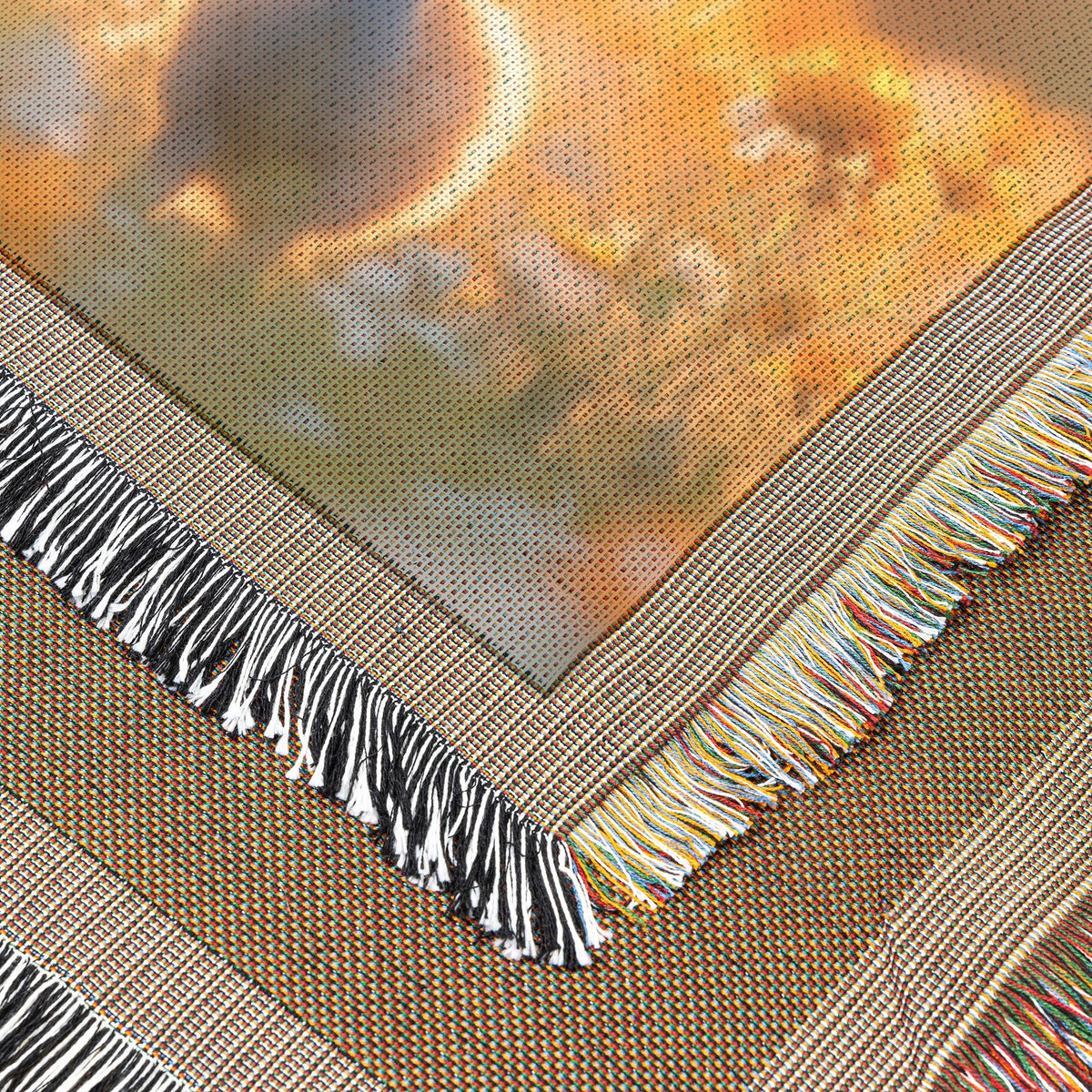 Baby Peacock with Mother in Vibrant Wildflower Meadow Under Golden Sunrise Woven Throw Blanket - Awakening Righteousness