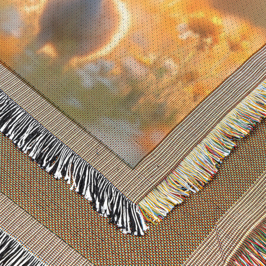 Baby Peacock with Mother in Vibrant Wildflower Meadow Under Golden Sunrise Woven Throw Blanket - Awakening Righteousness
