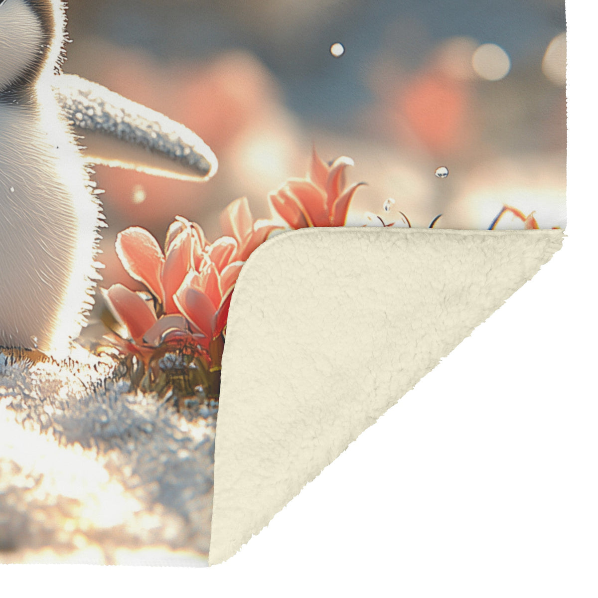 Baby Penguin Cozy Sherpa Fleece Blanket with Snowy Field and Flower - Awakening Righteousness