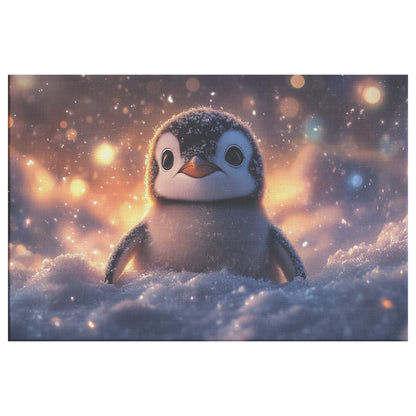 Baby Penguin in Snow Under Glowing Aurora Borealis Sky Magical Atmosphere Canvas Wall Art Decor - Awakening Righteousness