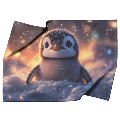 Baby Penguin Nestled in Snow Under Glowing Aurora Borealis Fleece Sherpa Blanket Magical Winter Atmosphere - Awakening Righteousness