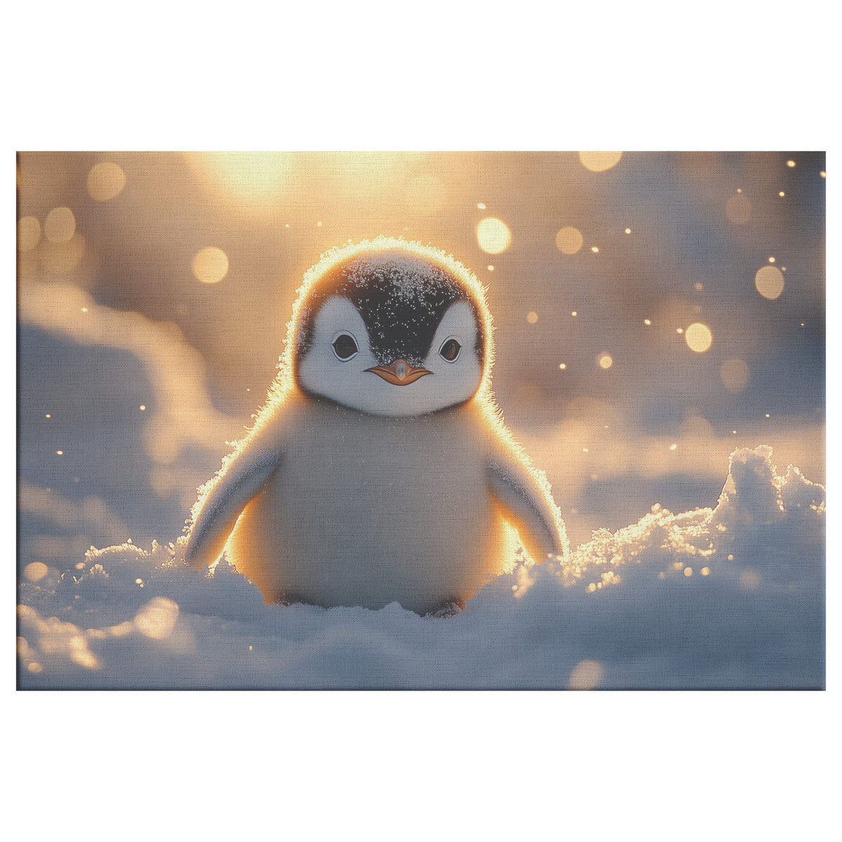 Baby Penguin with Glowing Feathers Under Golden Sunlight Peaceful Snowy Environment Canvas Wall Art Decor - Awakening Righteousness