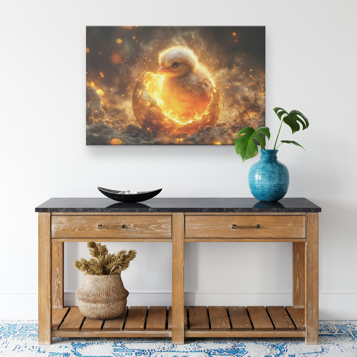 Baby Phoenix Hatching from Glowing Golden Egg Surrounded by Soft Light and Mystical Embers Canvas Wall Art - Awakening Righteousness