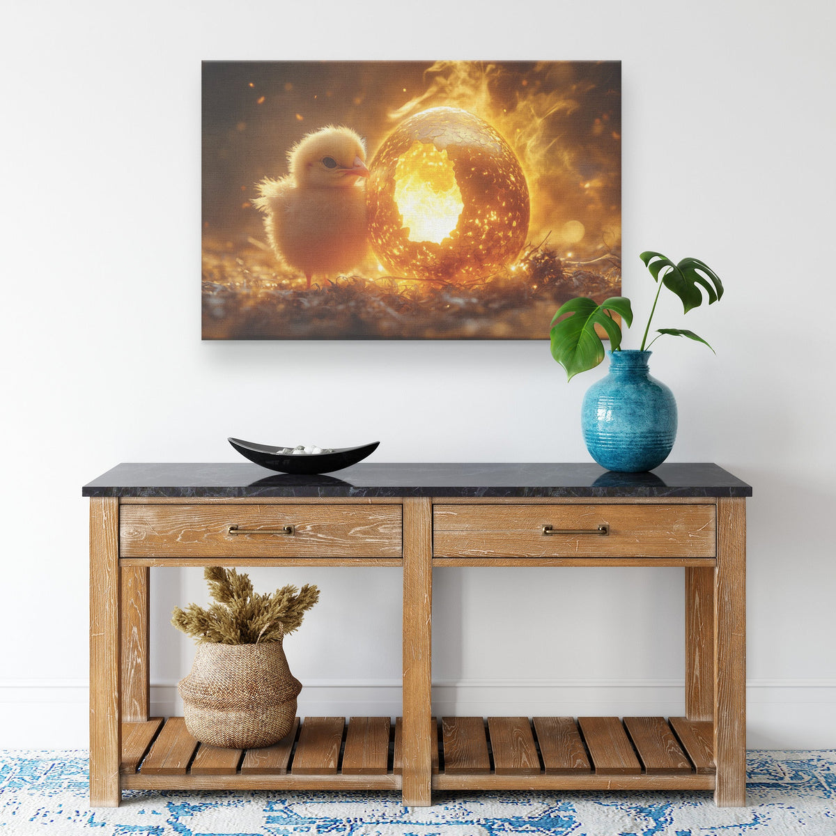 Baby Phoenix Hatching from Glowing Golden Egg Surrounded by Soft Light and Mystical Embers Canvas Wall Art - Awakening Righteousness