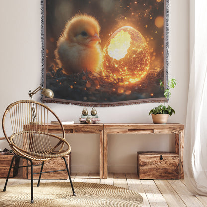 Baby Phoenix Hatching from Glowing Golden Egg with Mystical Embers and Soft Light Woven Throw Blanket - Awakening Righteousness