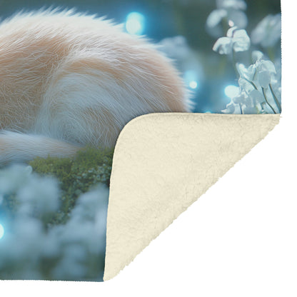 Baby Rabbit Curled in Glowing Green Moss with Bioluminescent Plants and Blue Light in Twilight Forest Fleece Sherpa Blanket - Awakening Righteousness