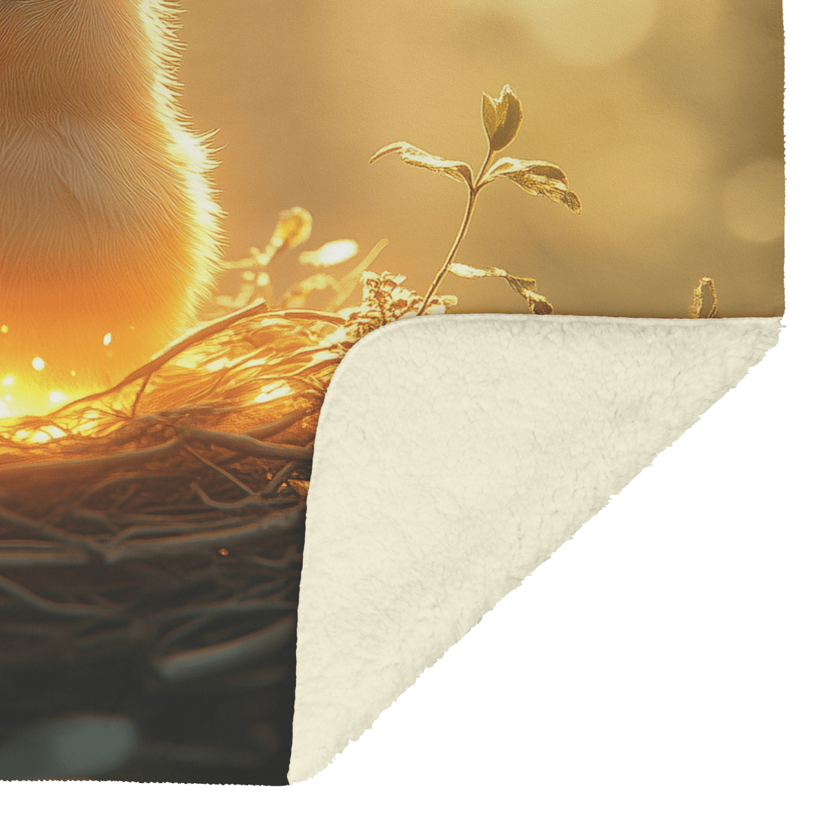 Baby Robin Sitting in Glowing Nest Surrounded by Soft Mist and Golden Morning Light Filtering Through Trees Fleece Sherpa Blanket - Awakening Righteousness