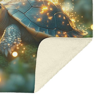 Baby Turtle Resting on Glowing Mossy Stone with Fireflies and Golden Forest Light Fleece Sherpa Blanket - Awakening Righteousness