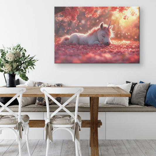 Baby Unicorn Resting Under Glowing Cherry Blossom Tree Surrounded by Pink Petals and Golden Sunlight Canvas Wall Art - Awakening Righteousness